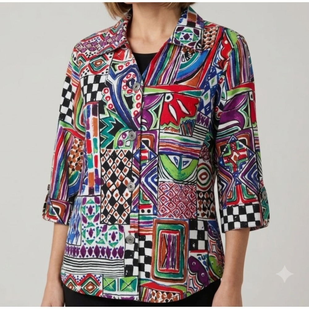Parsley & Sage Art to Wear Jacket Size M Colorful Abstract 100% Cotton 3/4 Slv